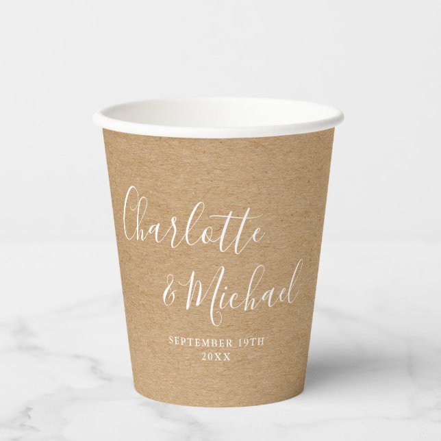 Gobelets En Papier Mariage Élégant Signature Script Kraft Rustique (Recto)