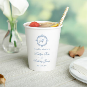 Gobelets En Papier Mariage Élégant Vintage Bleu Toile Monogram