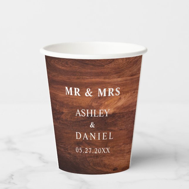 Gobelets En Papier Mariage en Grain de Bois de Grange Rustique (Recto)