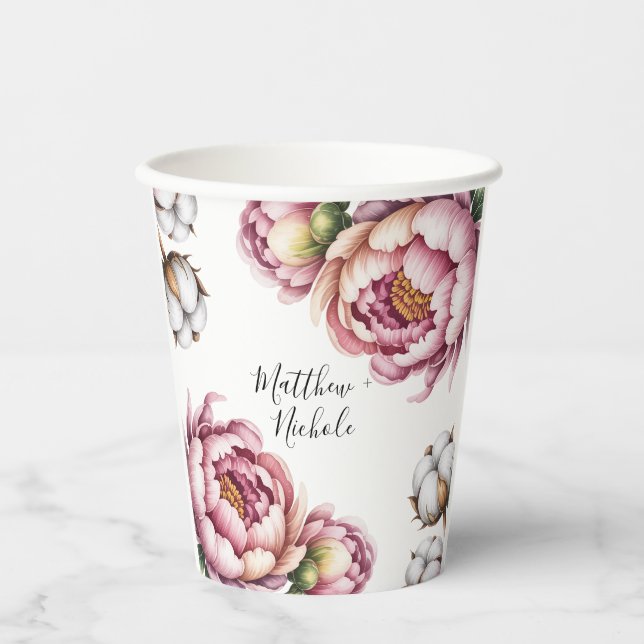 Gobelets En Papier Mariage en rose poudré et coton blanc (Recto)