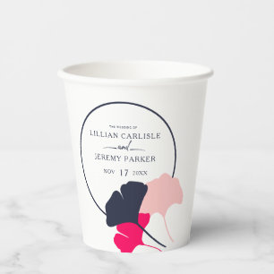 Gobelets En Papier Mariage Feuille Bold Modern Navy et Pink Ginkgo