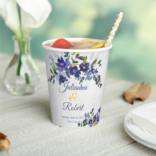 Gobelets En Papier Mariage floral bleu et jaune (Insitu)