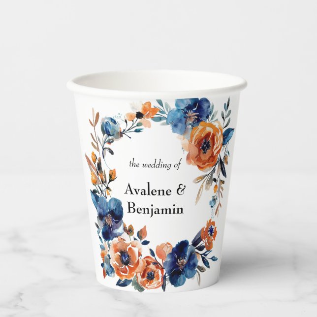 Gobelets En Papier Mariage floral bleu et orange (Recto)