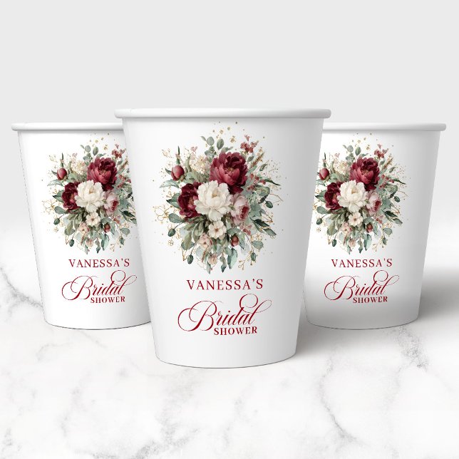 Gobelets en papier mariage floral bordeaux chic do (Chic Burgundy Floral Gold Bridal Shower Paper Cups)