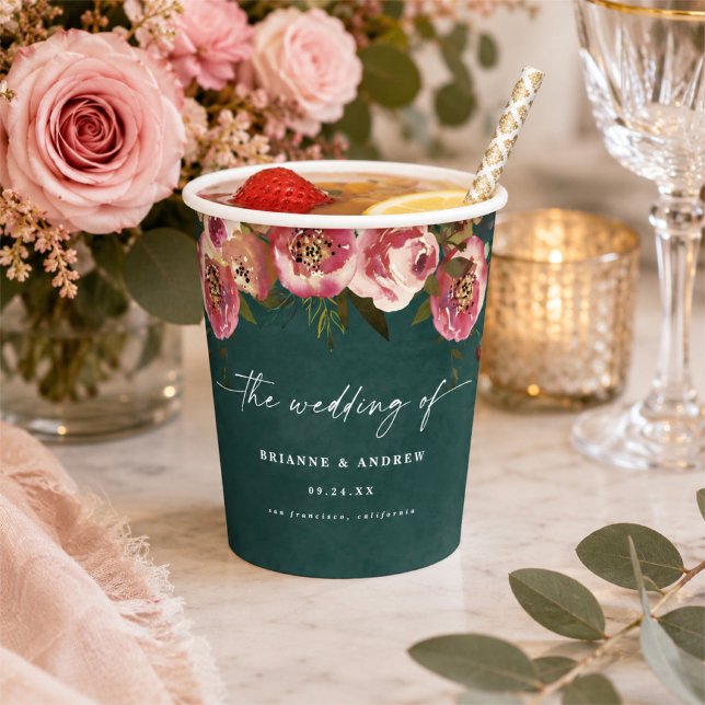 Gobelets En Papier Mariage Floral Chic Profond Vert de Teal (Botanical floral wedding reception paper cups)