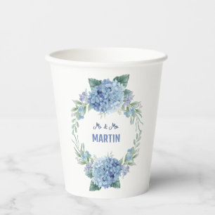 Gobelets En Papier Mariage Floral Élégant aux Hortensias Bleus