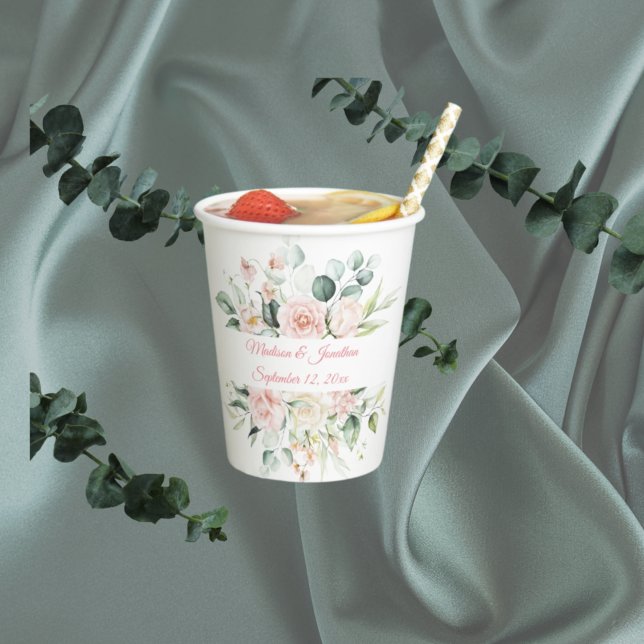 Gobelets En Papier Mariage Floral Elegant Pink Date Nom du script (Créateur téléchargé)