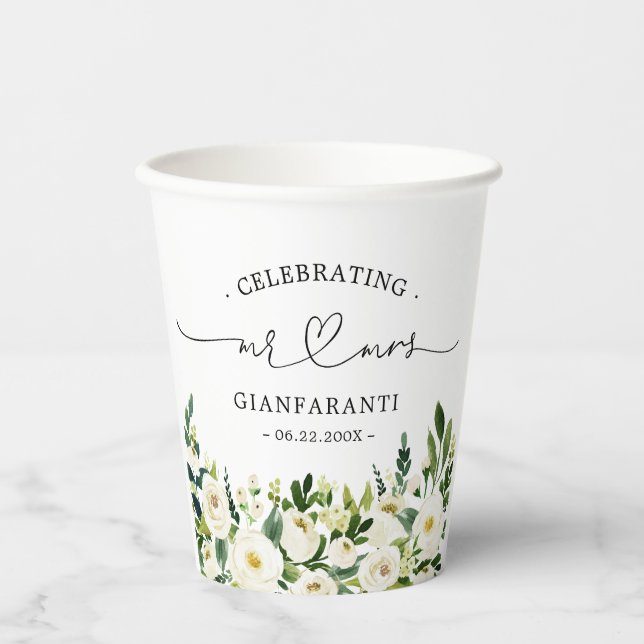 Gobelets En Papier Mariage Floral Mr et Mrs Cœur Script (Recto)