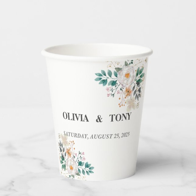 Gobelets En Papier Mariage floral romantique simple (Recto)