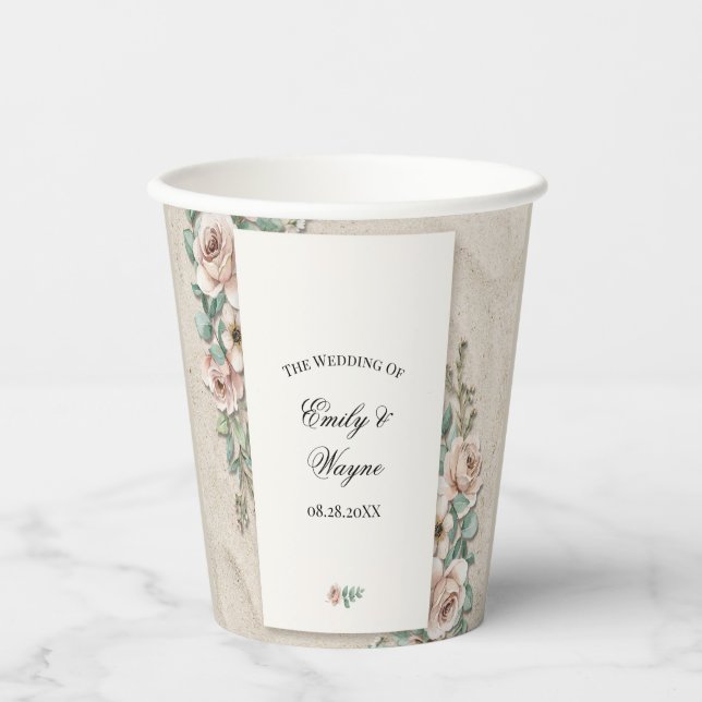 Gobelets En Papier Mariage Floral Sable Vert Sauge Blanc (Recto)