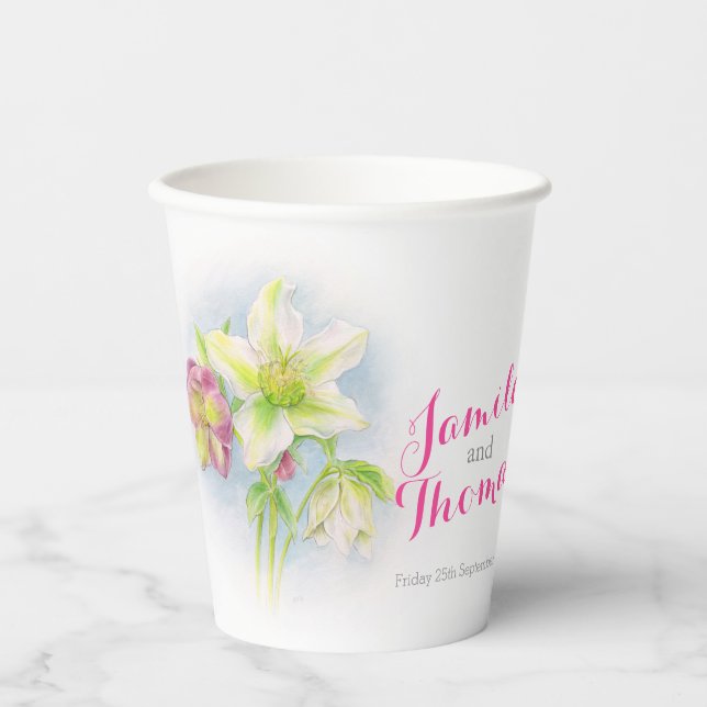 Gobelets En Papier Mariage hellebores vert rose floral aquarelle (Recto)