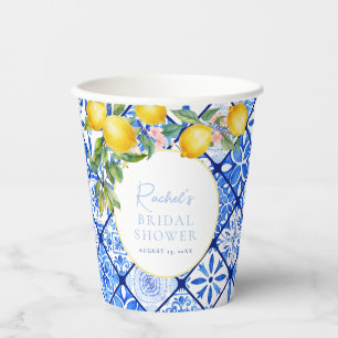 Gobelets En Papier Mariage Méditerranéen Citron Carreaux Bleus