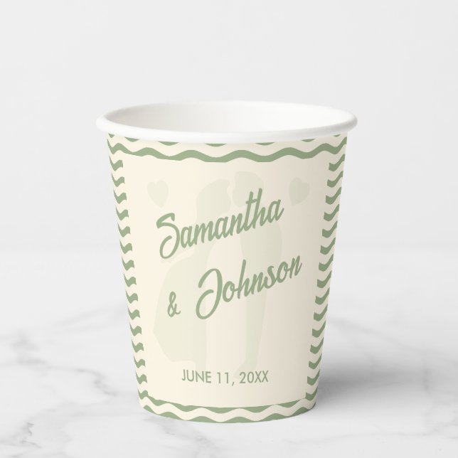Gobelets En Papier Mariage Moderne à Rayures Ondulées Vert Sauge (Recto)