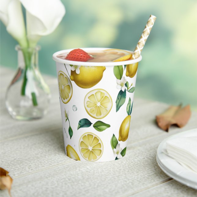Gobelets En Papier Mariage moderne citron bleu floral script (Insitu)
