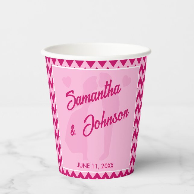 Gobelets En Papier Mariage Moderne Rose Pâle à Chevron Rayé (Recto)
