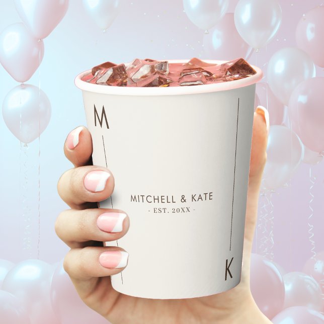Gobelets En Papier Mariage Monogramme à Ligne Simple Brun Beige (Beige Brown Simple Line Monogram Wedding Paper Cups)