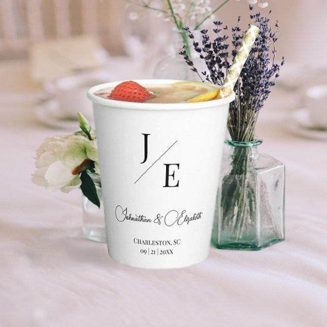 Gobelets En Papier Mariage monogramme minimal | BLANCHE (Minimalist Monogram Wedding Paper Cups | White)