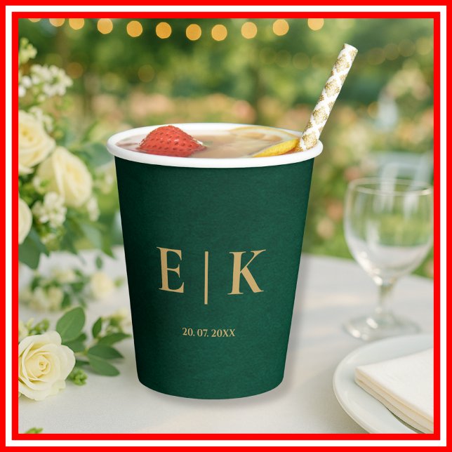 Gobelets En Papier Mariage Monogramme Vert Émeraude & Or (Créateur téléchargé)