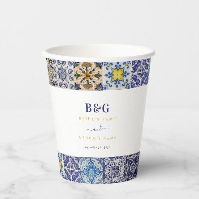 Gobelets En Papier Mariage Motif de tuiles portugaises méditerranéenn (Recto)