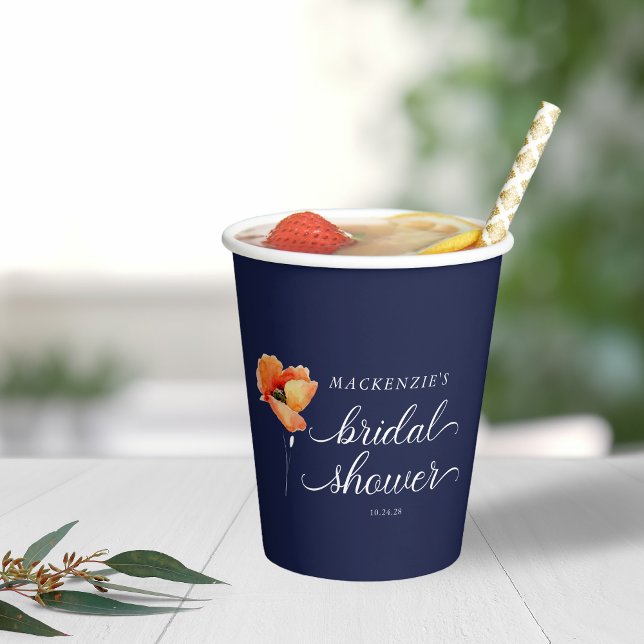 Gobelets En Papier Mariage Navy Blue et Coquelicot Doré (Navy Blue Golden Poppy Bridal Shower Paper Cups)