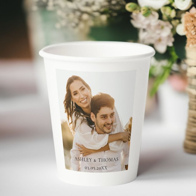 Gobelets En Papier Mariage photo spécifique au client (Customer-specific, photo, wedding, white paper cups. With your photo, name and date.)