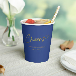 Gobelets En Papier Mariage Royal Blue et Gold   Cheers lettrés à la m