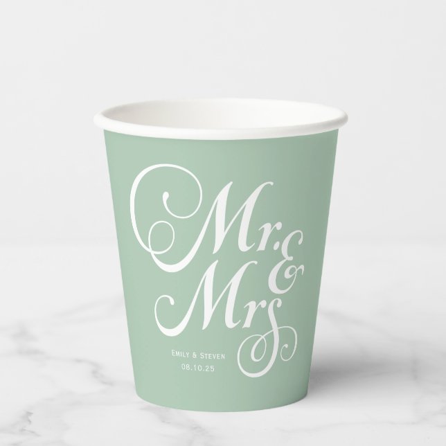 Gobelets En Papier Mariage rustique m & mrs Sage Green personnalisé (Recto)