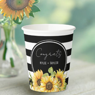 Gobelets En Papier Mariage Tournesol Rayures Noires et Blanches