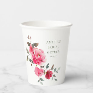 Gobelets En Papier Mariage Vintage Fleurs Roses Rouges Aquarelle