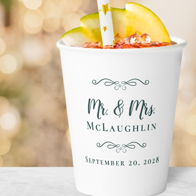 Gobelets En Papier Mariages élégants M. & Mme Couple Emerald Green (Elegant Weddings Mr & Mrs Couple Emerald Green Paper Cups)
