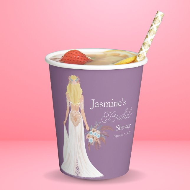 Gobelets En Papier Mariée Bohème aux Cheveux Blonds avec des Fleurs (Créateur téléchargé)