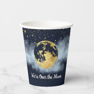 Gobelets En Papier Marine Bleu et or sur la lune Baby shower