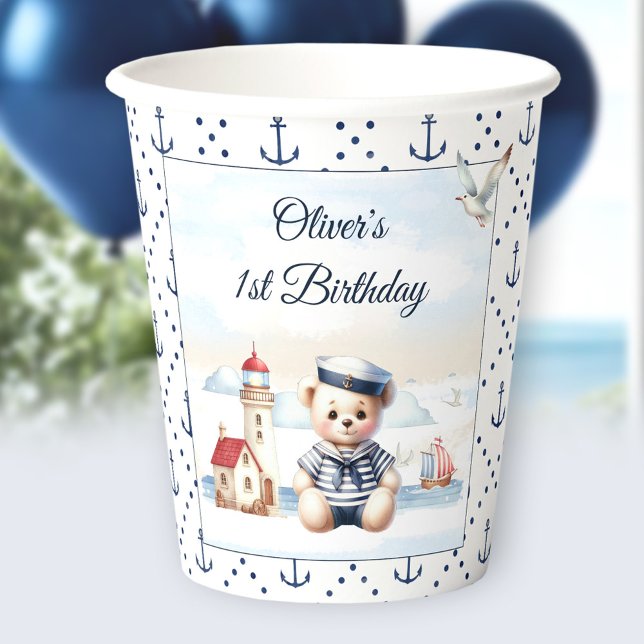 Gobelets En Papier Marine Nautique Cute Bear Été 1er Anniversaire (Nautical Sailor Cute Bear Summer 1st Birthday Paper Cups)