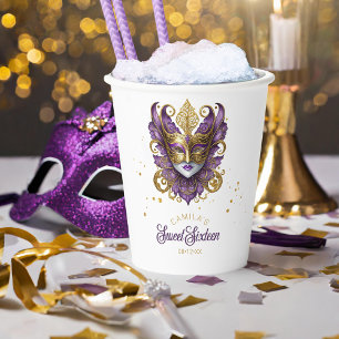 Gobelets En Papier Masquerade Motif Sweet sixteen Purple Gold ID1032