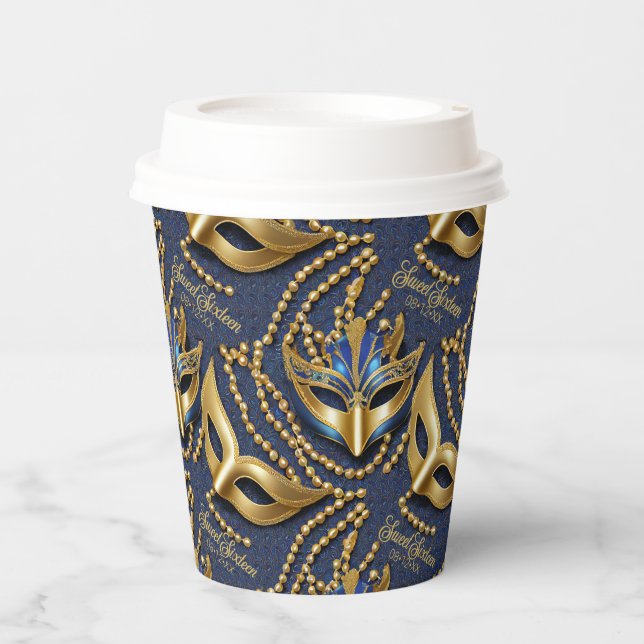 Gobelets En Papier Masquerade Sweet 16 perles Masques Blue ID1032 (Recto)