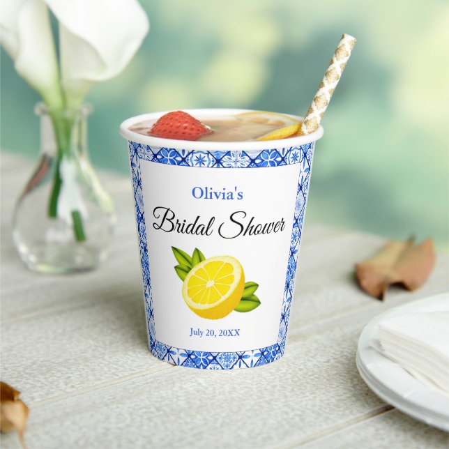 Gobelets En Papier Mediterranean Blue Tile Lemon Bridal Shower (Insitu)
