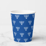 Gobelets En Papier Ménorah juive bleu et blanc motif Rosh Hashana<br><div class="desc">Motif juif menorah bleu et blanc Hanoukka,  Rosh Hashanah,  bar mitzvah,  bat mitzvah,  Shabat,  Fêtes juives,  élégantes tasses de papier</div>