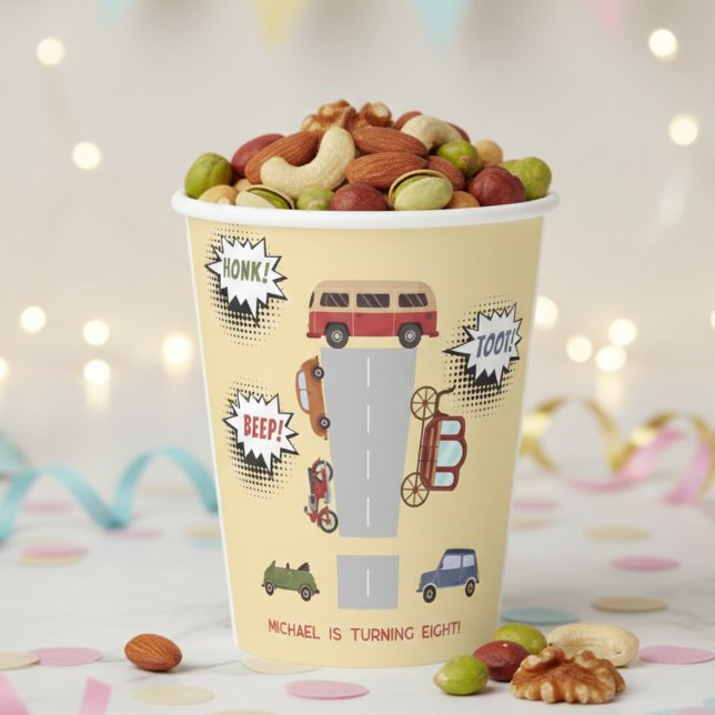 Gobelets En Papier Miel bip toot véhicules rétro garçon anniversaire (Créateur téléchargé)