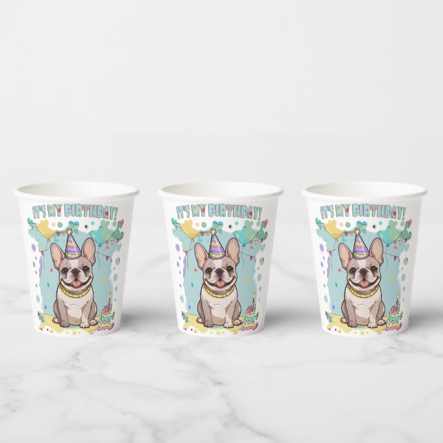 Gobelets En Papier Mignonne French Bulldog Pastel C'est mon anniversa (Multi)