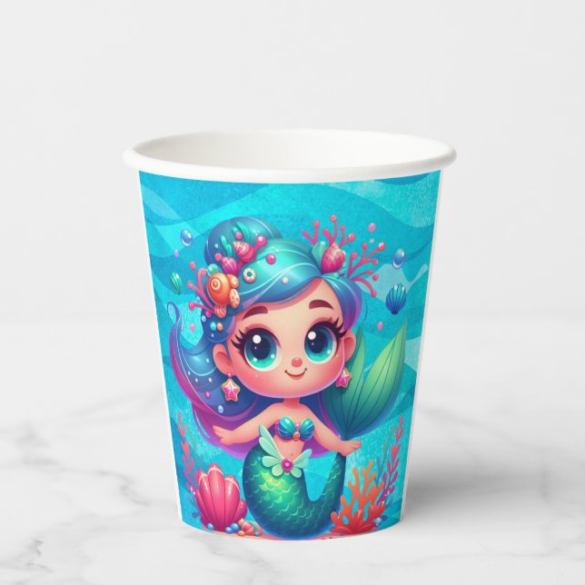 Gobelets En Papier Mignonne sirène sous-marine (Recto)