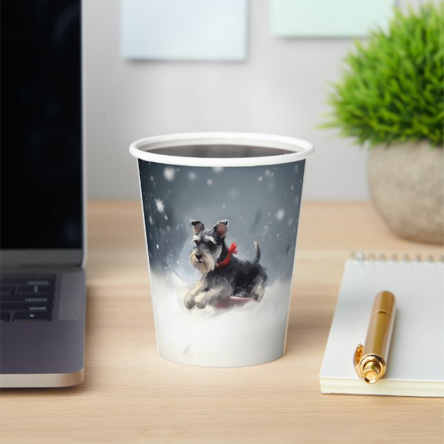Gobelets En Papier Miniature Schnauzer Noël neige hiver (Insitu)