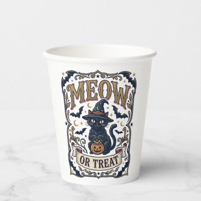 Gobelets En Papier Minou ou traiter Chat Halloween Chat effrayant Vin (Recto)
