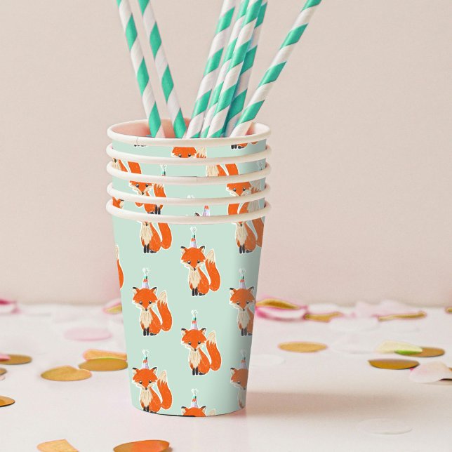 Gobelets En Papier Mint Green Cute Fox Party Casquette Woodland Anniv (Illustrated fox in a party hat birthday paper cups.)