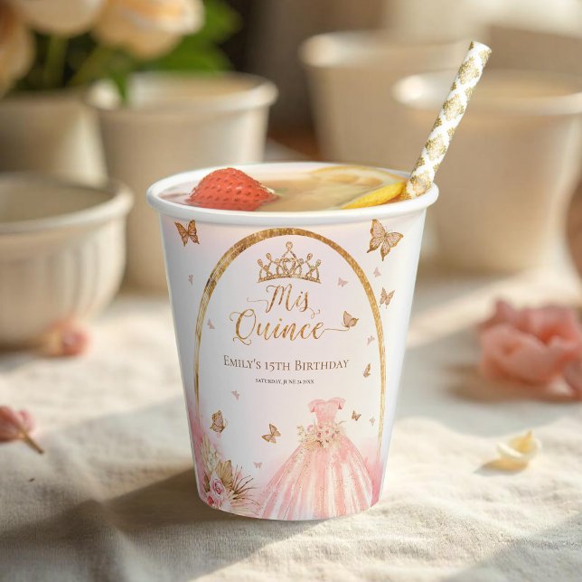 Gobelets En Papier Mis Quince Boho Floral Rose Quinceanera (Créateur téléchargé)