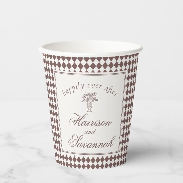 Gobelets En Papier Mocha Brown Harlequin Checkered Wedding (Recto)