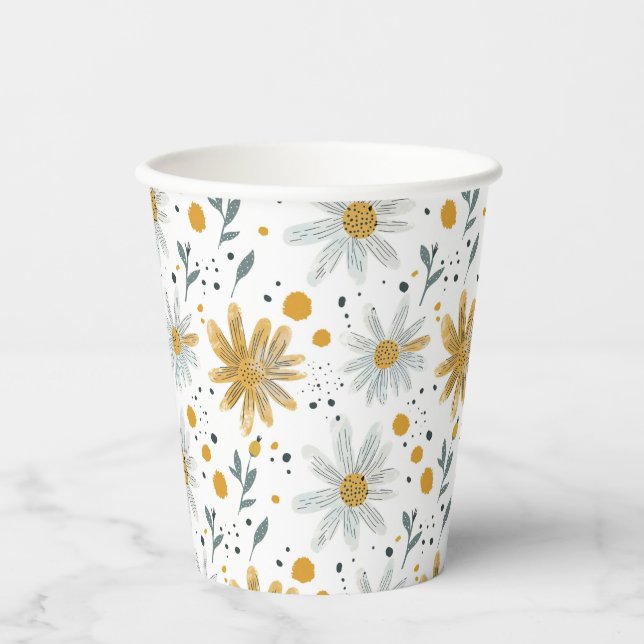 Gobelets En Papier Modèle floral blanc et jaune (Recto)