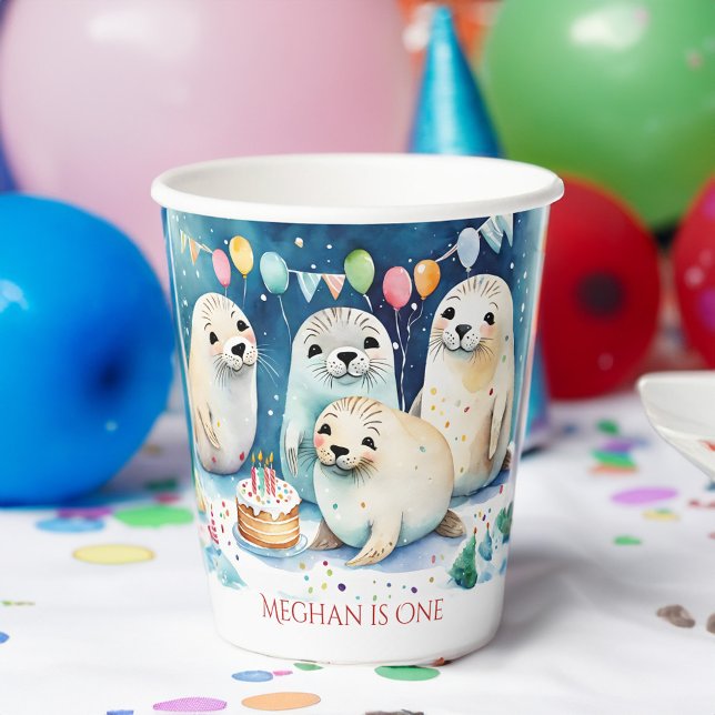 Gobelets En Papier Modèle personnalisé pour l'anniversaire d'hiver du (Arctic seal winter wonderland birthday party personalized paper cups template seal party supplies)