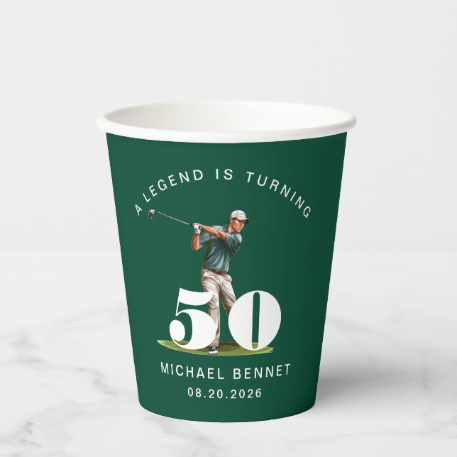 Gobelets En Papier Modern Green Sport Golfer 50th Birthday (Recto)