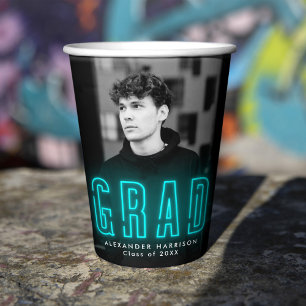 Gobelets En Papier Moderne Cyan Neon Graduation