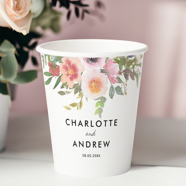 Gobelets En Papier Moderne, élégant mariage de fleurs d'eucalyptus (Modern, elegant eucalyptus flower wedding paper cups with your name and date.)